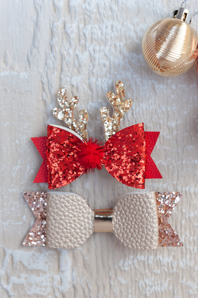 Reindeer bow hair clips - Red