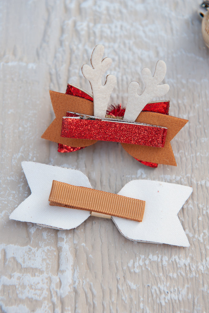 Reindeer bow hair clips - Red