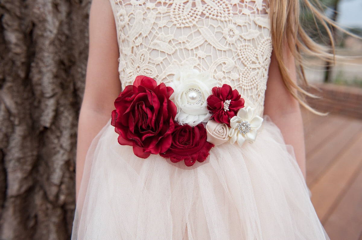 Flower girl burgundy sash sale