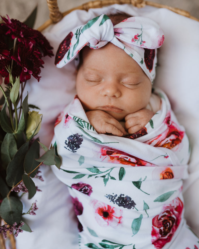 Peony Bloom I Baby Jersey Wrap & Topknot Set SOLD OUT
